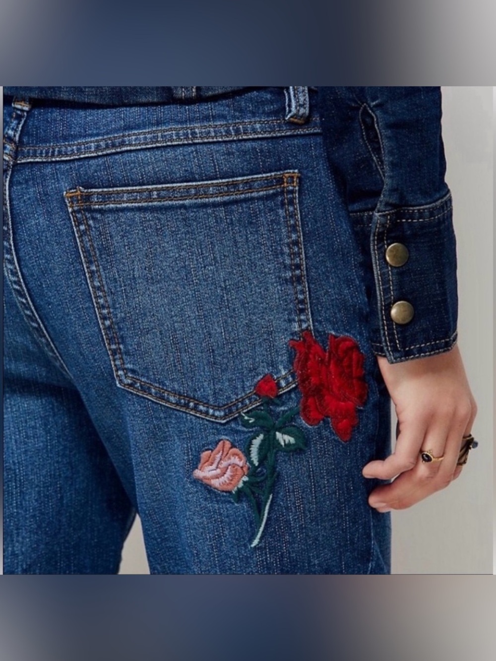 FREE PEOPLE Four Seasons 🌹ROSE 🌹Embroidered Jeans Dark Wash Sz 26